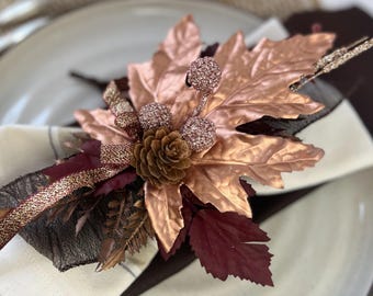 Thanksgiving Napkin Ring: Copper Colored Faux Leaves, Berries & Pinecone