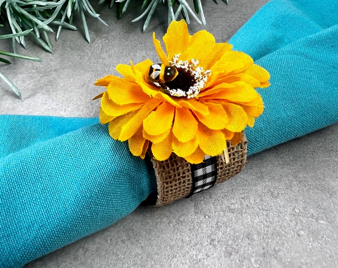 Featured listing image: Flower Napkin Ring, Bumble Bee Decor, Mother's Day Gift for Beekeeper Friend,  Bridal Shower Decor, Floral Table Decor, Country Table decor