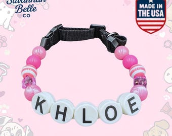 Personalized Beaded Dog Collar - Custom Name - Adjustable, Pink beads and crystal design