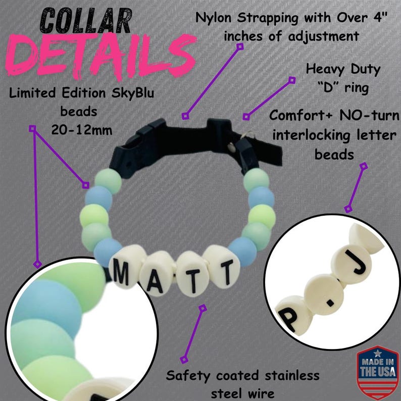 Personalized Dog Collar Beaded Boy Limited Edition SKY Blu. Adjustable length +++ FREE matching BFF bracelet afbeelding 7