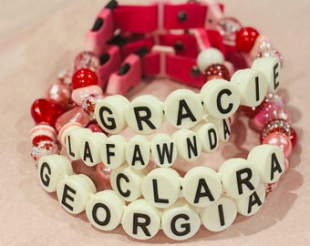Pink Personalized dog collar with large beads. Your pups name on a custom made adjustable beaded necklace.