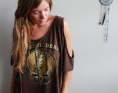 Grateful Dead Steal Your Face Brown Cut Out Open Off The Shoulder Fringe Tshirt Tee Top Shirt Womens Clothing One Size