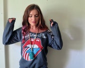 The Rolling Stones Gray Off The Shoulder Top Distressed Classic Rock Sweatshirt Sweater Top Womens Small Medium