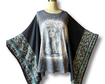 One Size Fits All Stevie Nicks Poncho Top Boho Hippie Embroidered Shirt Tunic -Navy Color