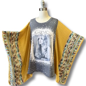 One Size Fits All Stevie Nicks Poncho Top Boho Hippie Embroidered Shirt Tunic Mustard Color