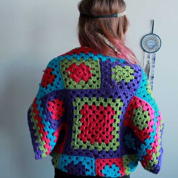 Colorful Granny Square Native Trim Crochet Bohemian Dreamer Cropped Sweater/Shrug/Cardigan Festival Batwing Kimono Dolman Sleeves Womens