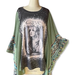 One Size Fits All Stevie Nicks Poncho Top Boho Hippie Embroidered Shirt Tunic -Sage Color