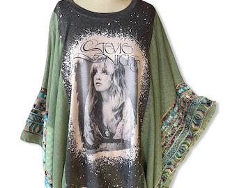 One Size Fits All Stevie Nicks Poncho Top Boho Hippie Embroidered Shirt Tunic -Sage Color