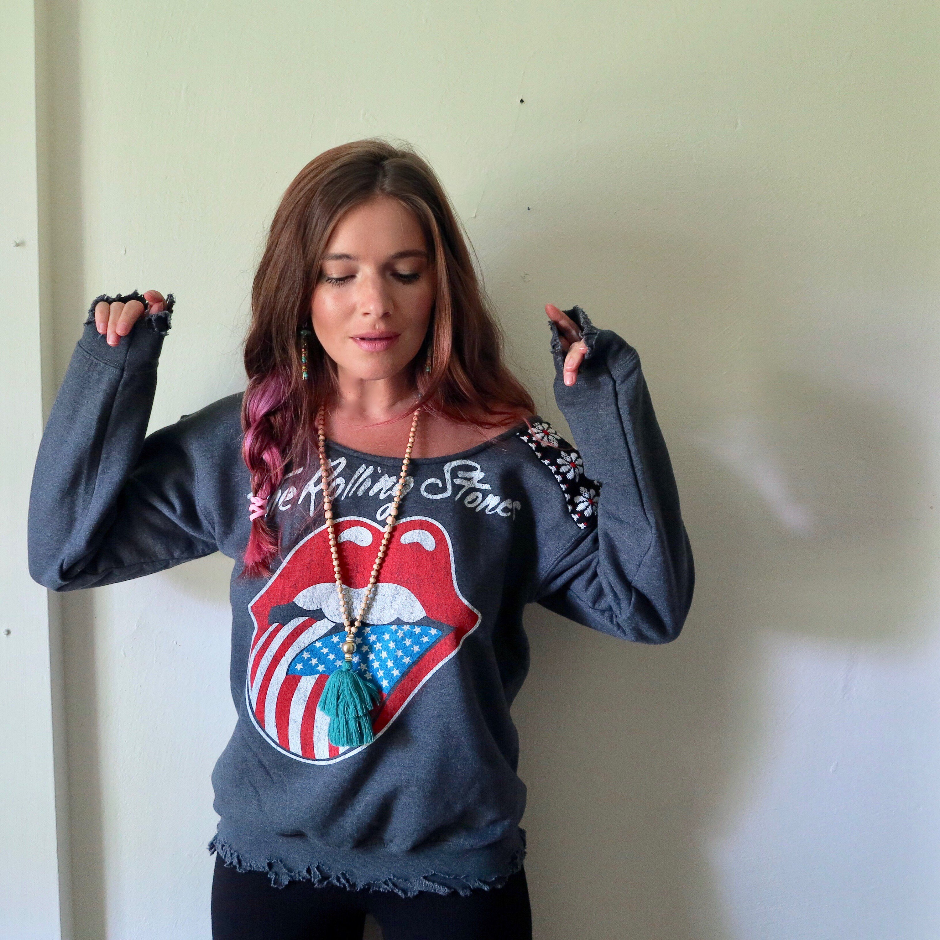 The Rolling Stones Gray off the Shoulder Top Distressed Classic