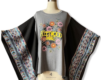 One Size Fits All Fleetwood Mac Poncho Top Boho Hippie Embroidered Shirt Tunic Classic Rock -Black