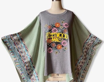 One Size Fits All Fleetwood Mac Poncho Top Boho Hippie Embroidered Shirt Tunic Classic Rock -Sage Color