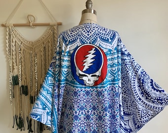 Grateful Dead Steal Your Face Mandala Kimono Robe Hippie Boho Bohemian Festival Dead Head Tapestry Upcycled  Sweater Robe Blue One Size