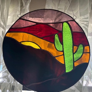 Desert sunrise cactus sun catcher large stained glass hanging art
