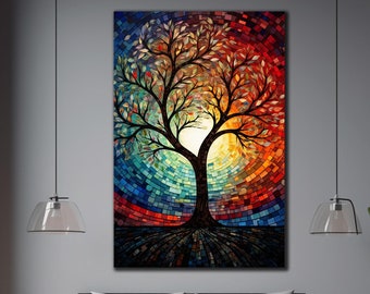 Mosaic Themed Tree of Life Tempered Glass Wall Art, Glass Printing, Stained Window Decor Art, Life of Tree Wall Decor,Stained Glass Wall Art