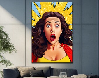 Gehard glas kunst aan de muur, vrouw WOW, komische stijl, pop-art glas, grote muurkunst, lip muur decor, gebrandschilderd glas print, glasdrukkunst