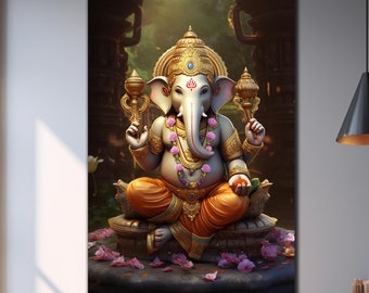 Arte de parede de Ganesh, decoração de parede panorâmica, arte de parede em vidro temperado, tapeçarias, decoração de parede hindu, arte de parede extragrande, arte de impressão em vidro