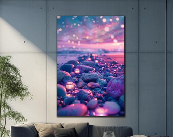 Puede incluir: Una fotografía de una escena de playa con luces brillantes en las rocas. El cielo es de un rosa y un morado vibrantes con un suave resplandor. Las rocas son de un azul oscuro y un morado.