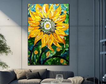 Tempered Glass Wall Art, Sun Flower Decor, Extra Large Wall Art, Stained Glass Print, Floral Stained Art,Glass Printing,Stained Window Glass
