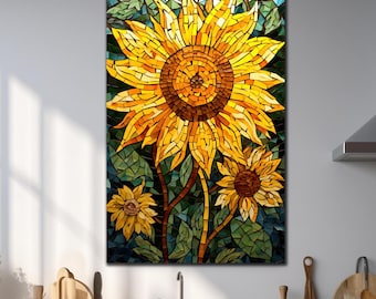 Tempered Glass Wall Art, Sun Flower Decor, Extra Large Wall Art, Stained Glass Print, Floral Stained Art,Glass Printing,Stained Window Glass