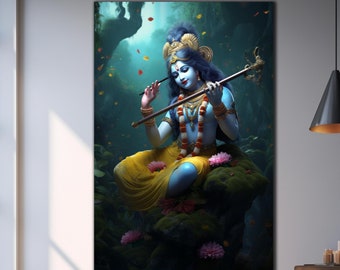 Arte de parede em vidro temperado, arte de parede do deus hindu Krishna, decoração de parede grande, arte de parede abstrata, presentes de inauguração de casa, decoração de casa, arte em vidro Krishna