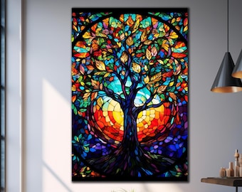 Stained Glass Trees, Tree of Life Art, Modern Stained Glass, Extra Large Wall Art, Tree of Life Stained Glass, Tempered Glass Wall Art Tree