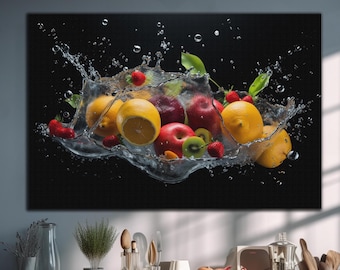 Fruits Tempered Glass Wall Art, Abstract Wall Art, Large Wall Glass Art, Home Decor, Splashing Fruit On Water Fresh Fruit, Kitchen Wall Art