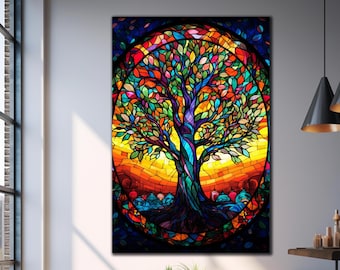 Stained Glass Trees, Tree of Life Art, Modern Stained Glass, Extra Large Wall Art, Tree of Life Stained Glass, Tempered Glass Wall Art Tree