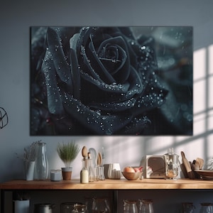 Black Rose Tempered Glass Printing Wall Art, Water Drop Black Rose Wall Decor, Rose Glass Art, Modern Wall Art, Natural And Vivid Wall Decor