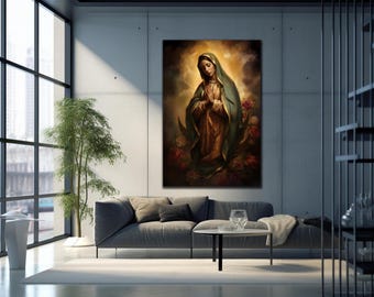 May include: A framed religious artwork depicting a figure in a green and gold robe with a halo, hands clasped in prayer. The painting is set against a backdrop of soft light and roses. The artwork hangs above a gray sofa in a modern living room.