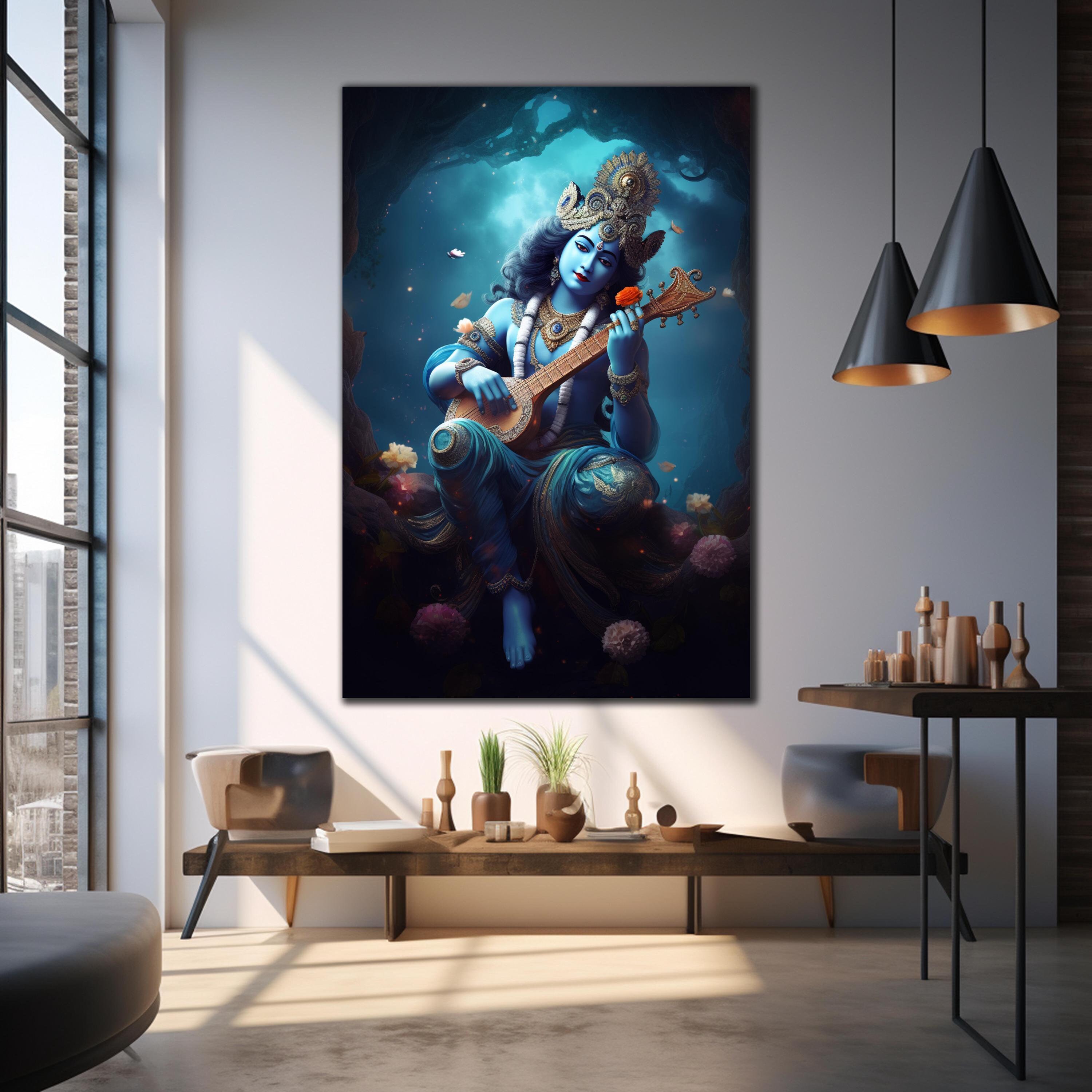 Arte de parede em vidro temperado, arte de parede do deus hindu Krishna, decoração de parede grande, arte de parede abstrata, presentes de inauguração de casa, decoração de casa, arte em vidro Krishna