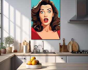 Gehard glas kunst aan de muur, vrouw WOW, komische stijl, pop-art glas, grote muurkunst, lip muur decor, gebrandschilderd glas print, glasdrukkunst