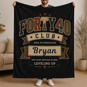 Personalized Faux Patchwork Birthday Blanket, Custom Name & Age Throw for Him, Forty Club Blanket, Birthday Gift for Dad, Husband