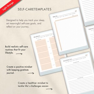 Self-care templates include gratitude journals, sleep logs, mind and body care, and reflection pages. Designed to help you track self-care habits, build routines, and create a healthier mindset while fostering personal well-being and balance