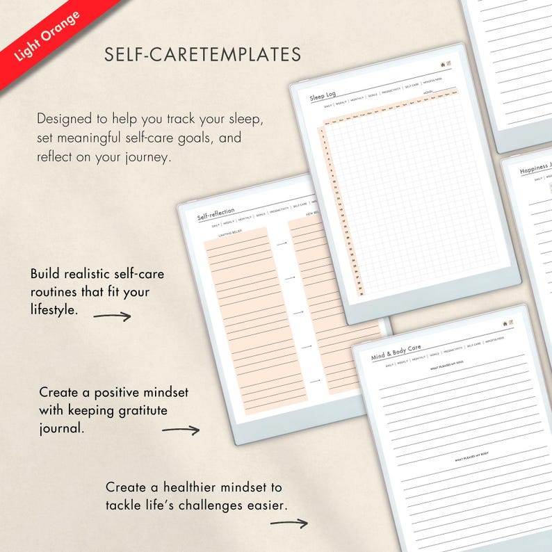 Self-care templates include gratitude journals, sleep logs, mind and body care, and reflection pages. Designed to help you track self-care habits, build routines, and create a healthier mindset while fostering personal well-being and balance