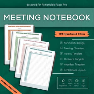 Könnte beinhalten: Ein digitales Meeting-Notizbuch mit dem Text „MEETING NOTEBOOK“ und „150 Hyperlinked Entries“. Das Notizbuch verfügt über ein minimalistisches Design mit Meeting-Übersichten, Aktions- und Entscheidungs-Vorlagen und 5 Notizbuch-Layouts. Entworfen für Remarkable Paper Pro.