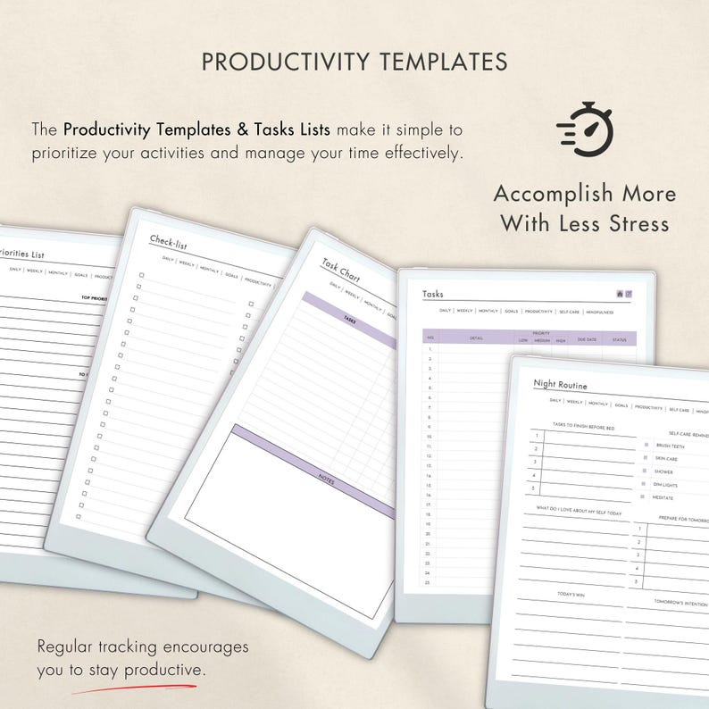 Productivity templates for Remarkable Paper Pro include task lists, priorities charts, checklists, and night routines. Designed to simplify time management, enhance productivity, and keep tasks organized, helping you accomplish more with less stress.