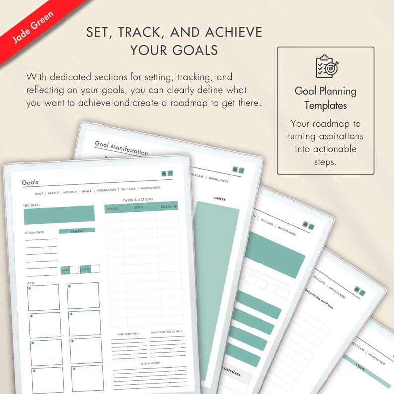 Goal planning templates help you set, track and achieve goals. Includes actionable sections like goal planners, manifestation, visualization, and 3-6-9 method. Organize aspirations into structured steps with hyperlinked navigation for seamless access