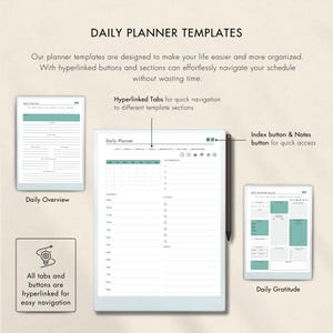 Daily planner templates for Remarkable Paper Pro include hyperlinked tabs for quick navigation, daily overview, daily gratitude journal, and task management. Effortlessly organize your day and access sections instantly with hyperlinked buttons.