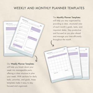Weekly and monthly planner templates for Remarkable Paper Pro offer structured views for tasks, priorities, and goals. Easily manage weekly schedules and monthly reflections with hyperlinked navigation for improved time management and organization.