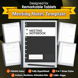 Meeting Notes Template Designed for Remarkable 2 Tablet Meeting Notebook Hyperlinked PDF Meeting Minutes