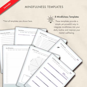 8 mindfulness templates for Remarkable Paper Pro include Wheel of Life, affirmations, inspirations, abundance logs and mindfulness journals. These templates help integrate mindfulness practices into daily life to enhance mental clarity and well-being