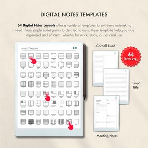 64 digital notes templates for Remarkable Paper Pro, offering lined, Cornell notes, meeting notes, grid layouts, and more. Versatile options for note-taking, brainstorming, and meetings, with hyperlinked navigation for efficient organization.