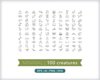 100 Animal Icons: Creature SVG, AI, PNG (Digital Download)