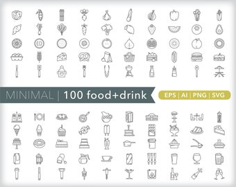 100 Food and drink icons | SVG AI PNG | Digital Download for design, social media, websites, Canva, printables