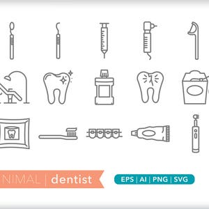 Dentist Icon Set: Tooth, Drill, Floss - SVG, PNG, AI (Digital Download)