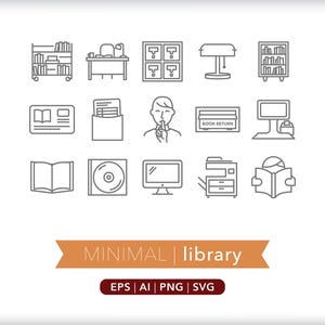 Íconos de biblioteca: carrito de libros, computadora, bibliotecario - SVG, AI, PNG (descarga digital)