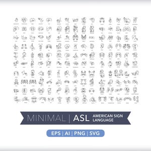150 ASL Zeichensprache Symbole: Kommunikation Illustrationen (Digitaler Download)