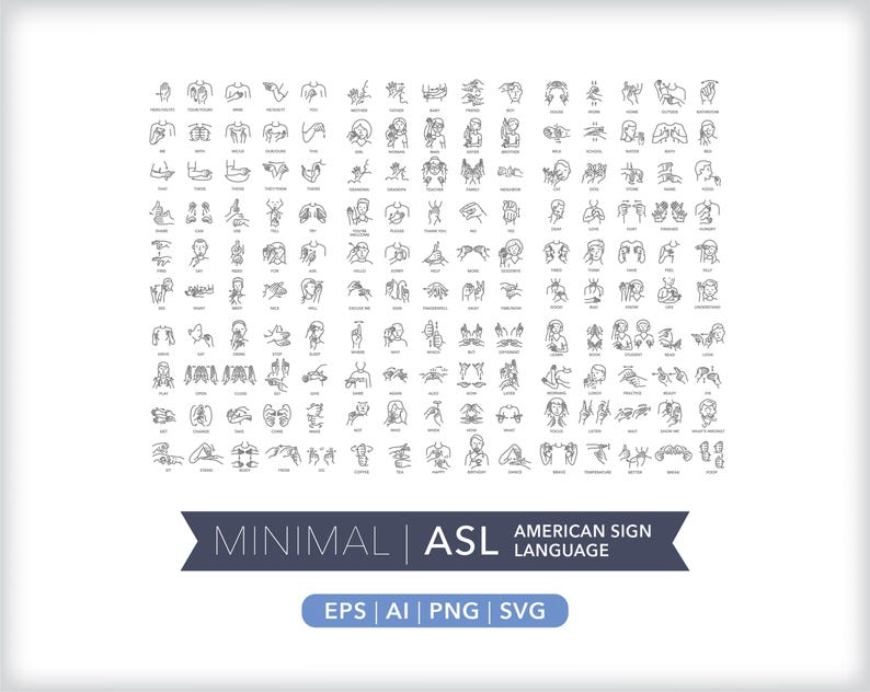 150 ASL Sign Language Icons: Communication Illustrations (digital ...
