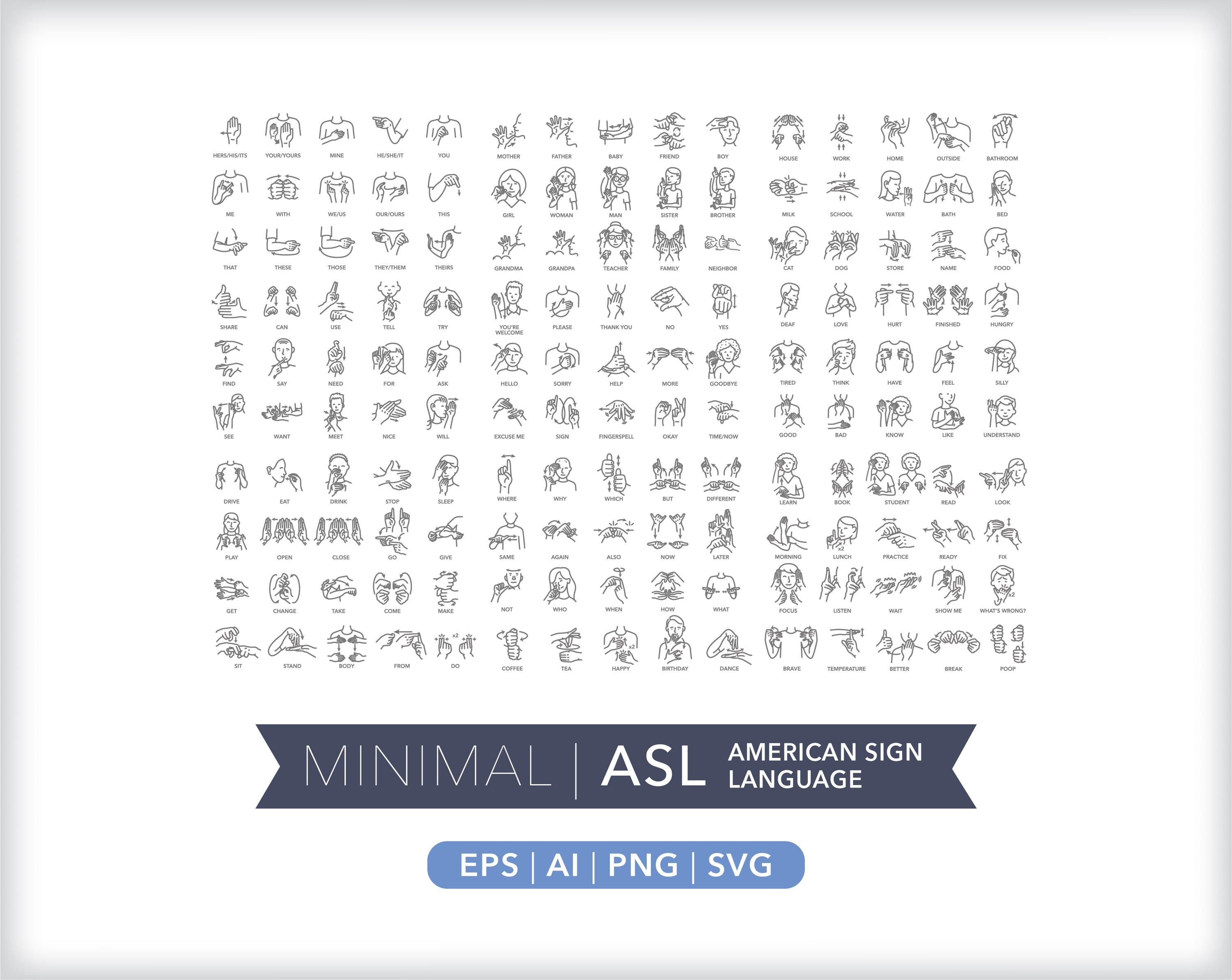 150 ASL Sign Language Icons: Communication Illustrations (digital