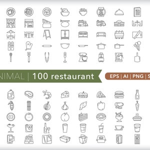 100 Restaurant Food & Drink Icons: SVG, AI, PNG (Digital Download)